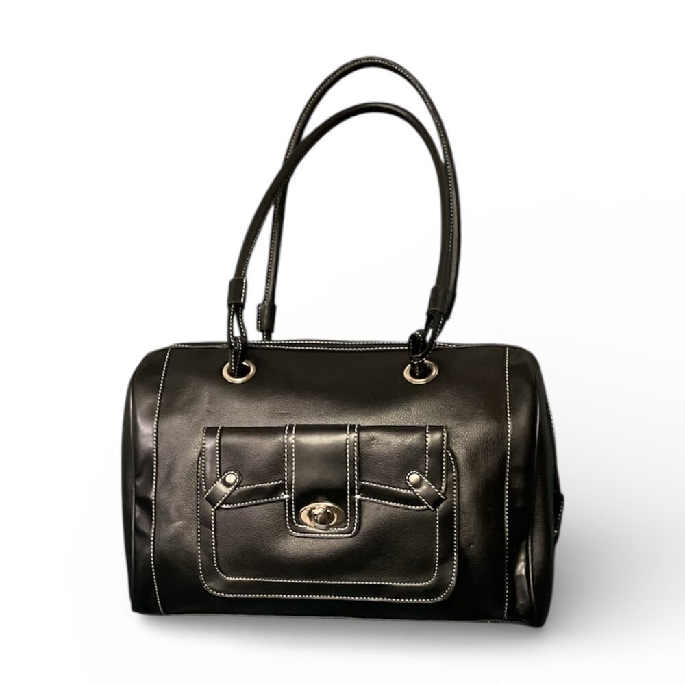 Vintage Black Leather Shoulder Bag with White Stitching & Toggle Pocket